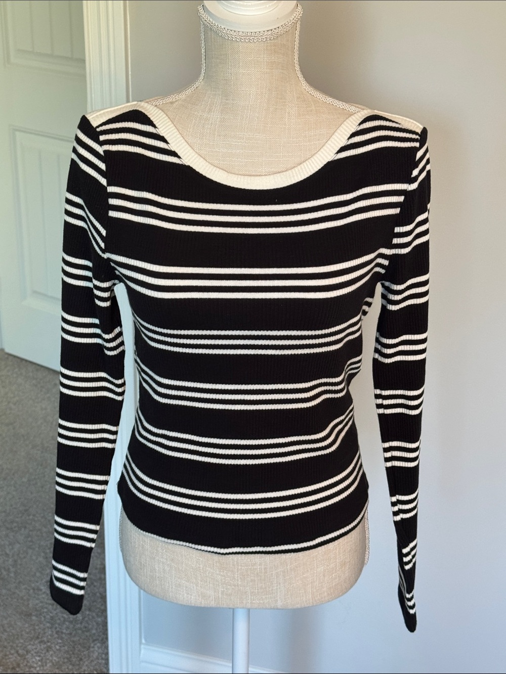 Everleigh Black & White Striped Long-Sleeve Ribbed Sweater